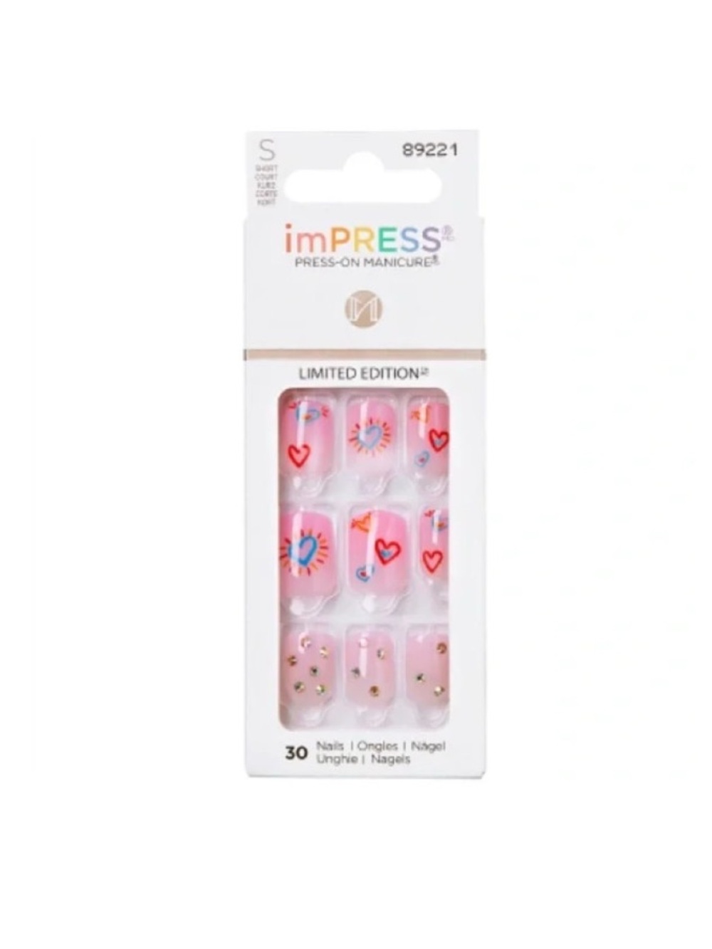imPRESS Pink Press-On Nails with Red Hearts & Gold Dots